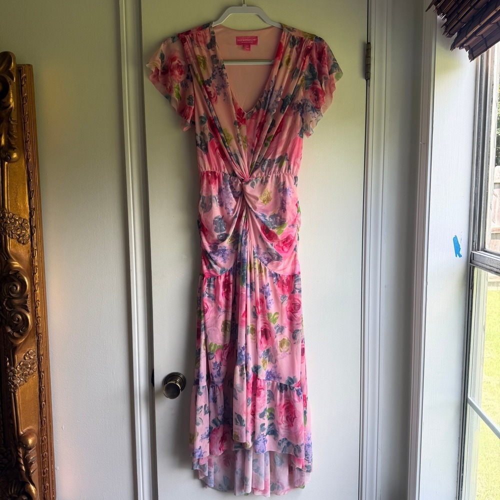 Isaac Mizrahi Live Pink Floral Mesh Twist Front High-Low Midi Dress XXS Rose - Picture 1 of 9
